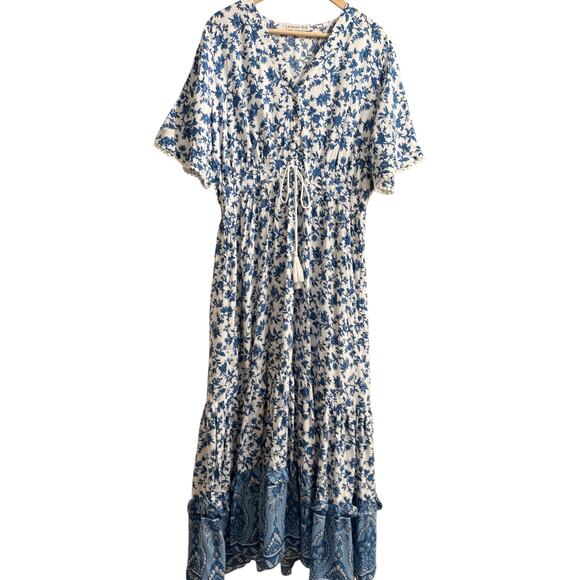 R. Vioimos Dress Ties Peasant Blue Boho Floral Long Flowy Comfortable Cottage 16 - Picture 2 of 10